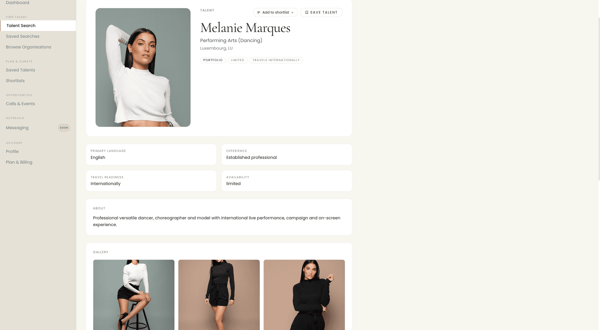 Partner talent profile view